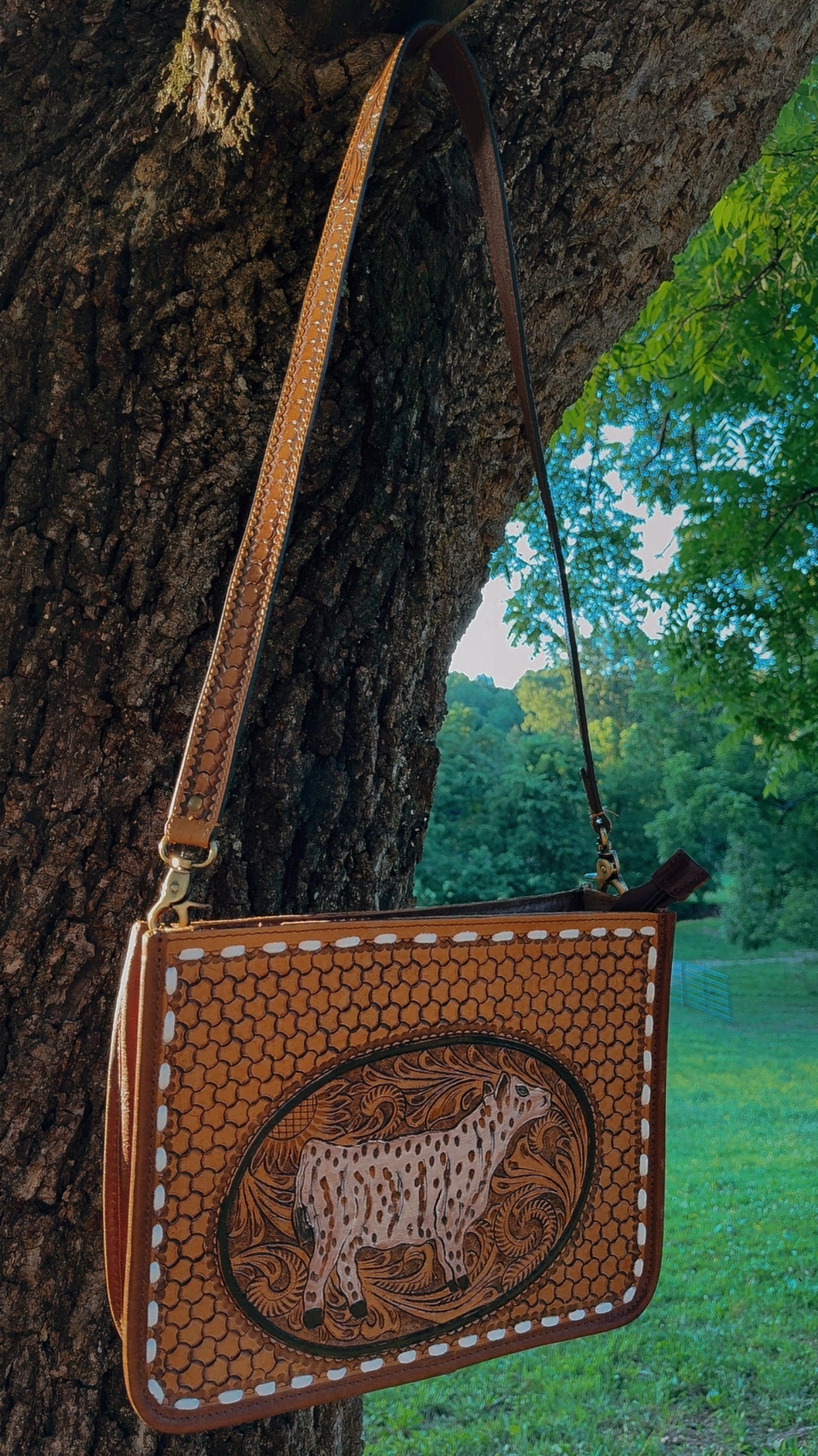 Cow Tooled Leather Crossbody Bag
