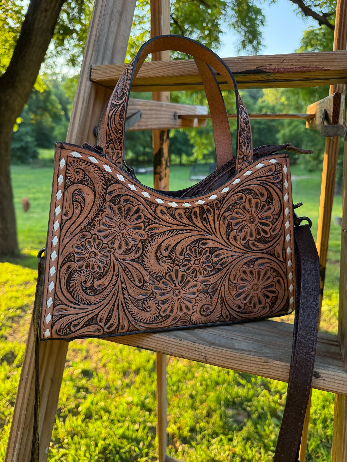 Floral Tooled Leather Crossbody Bag