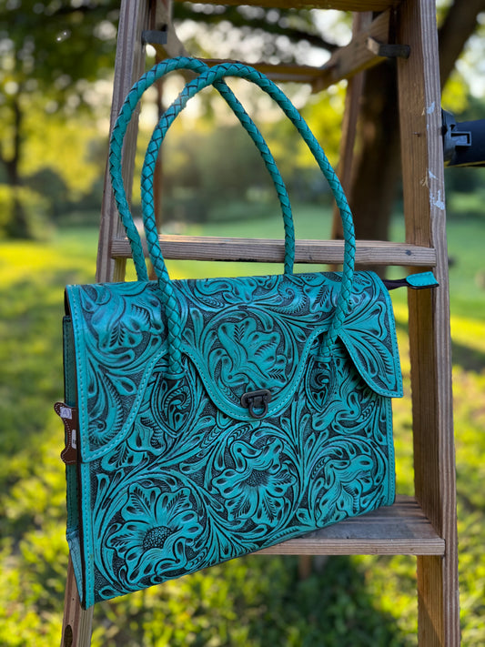 Turquoise Tooled Leather Bag with Crossbody Strap