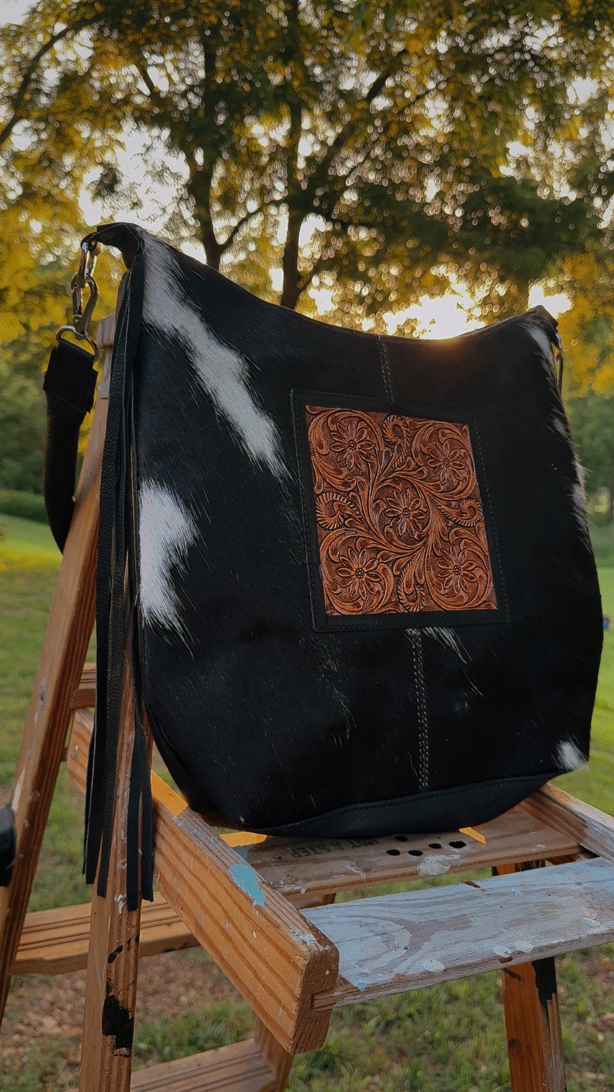 Cowhide and Leather Fringe Crossbody Bag