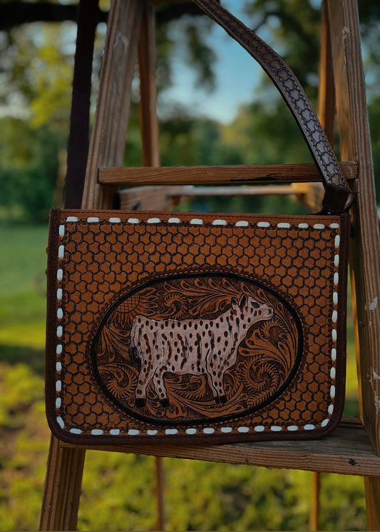 Cow Tooled Leather Crossbody Bag