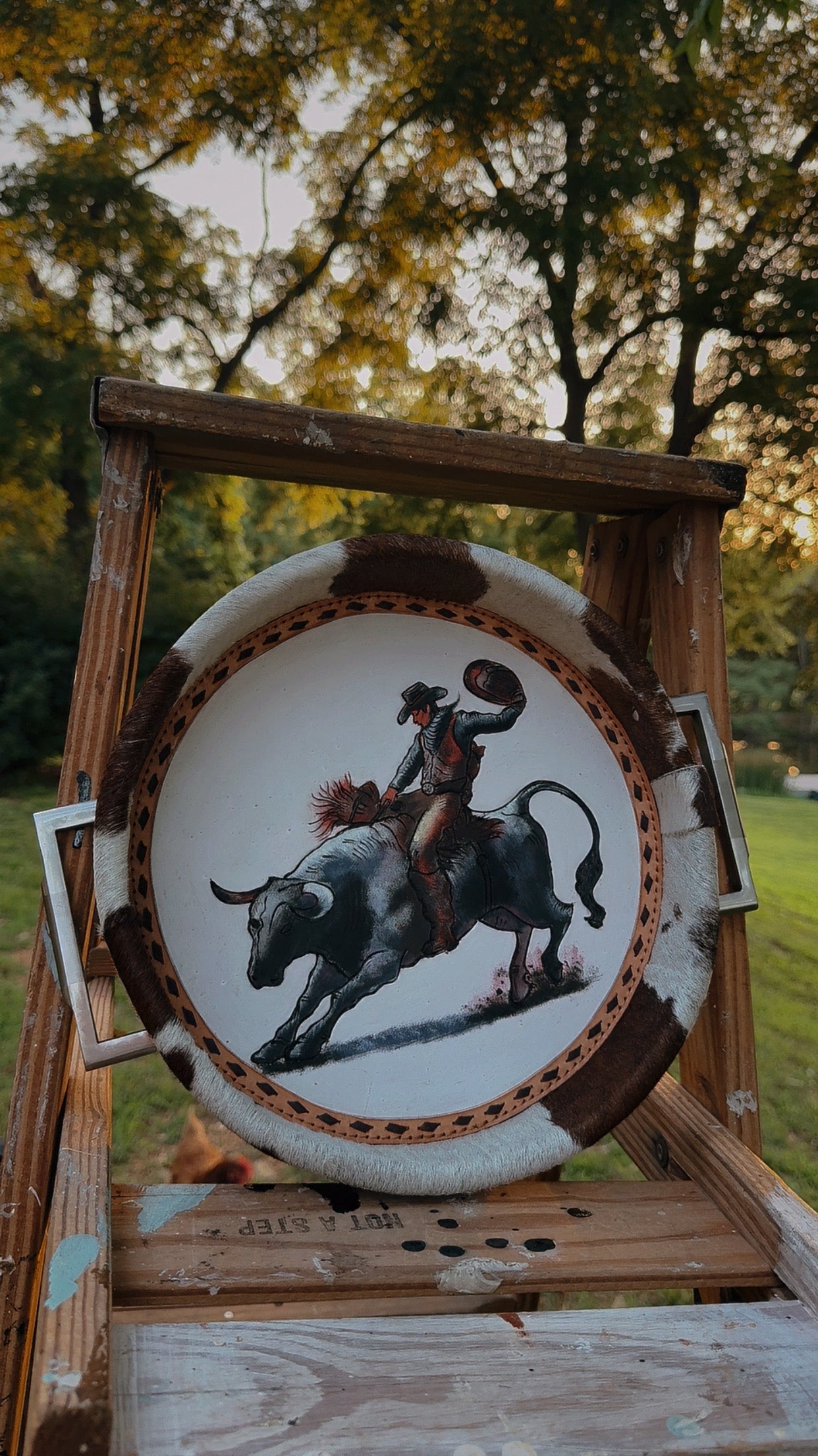 Bull Rider Painted Cowhide Tray {White Background}