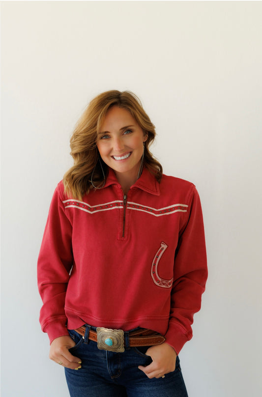 Red Horseshoe Embroidered Pullover