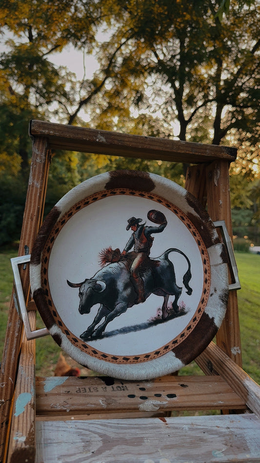 Bull Rider Painted Cowhide Tray {White Background}