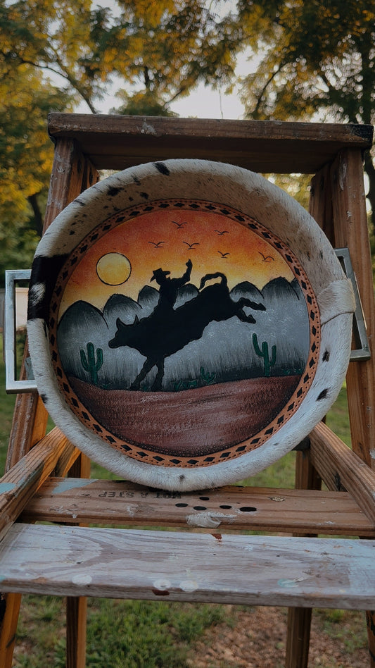 Sunset Bull Rider Painted Cowhide Tray