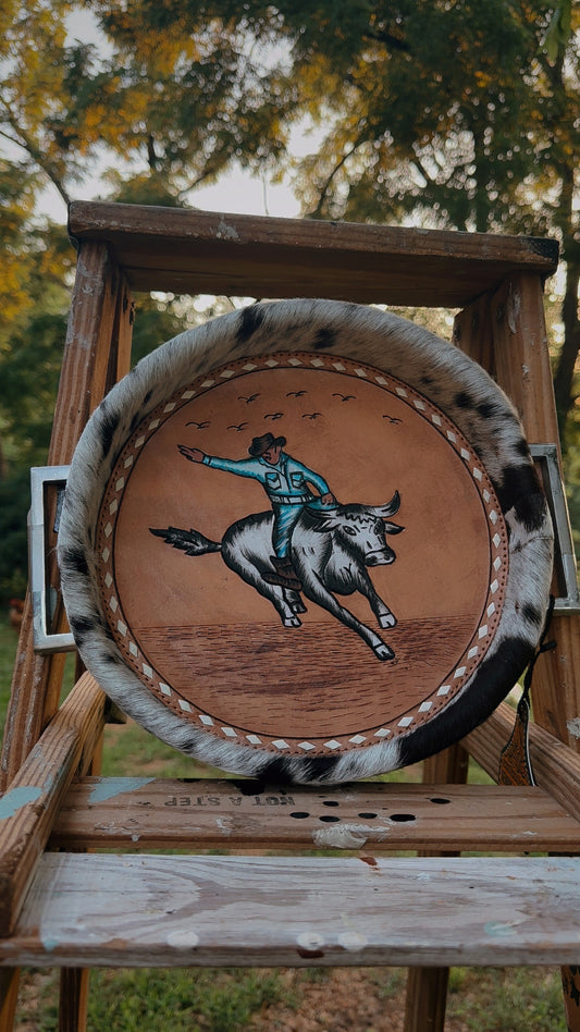 Bull Rider Painted Cowhide Tray {Tan Background}