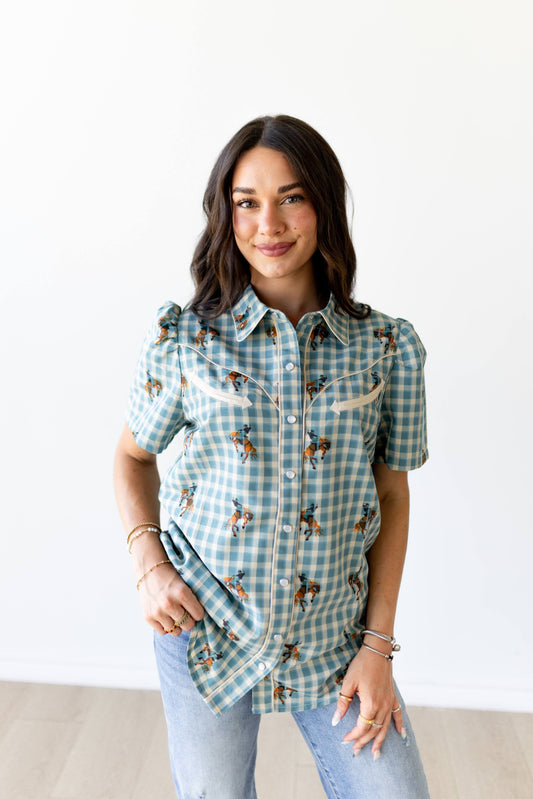 Bronc Teal Gingham Pearl Snap